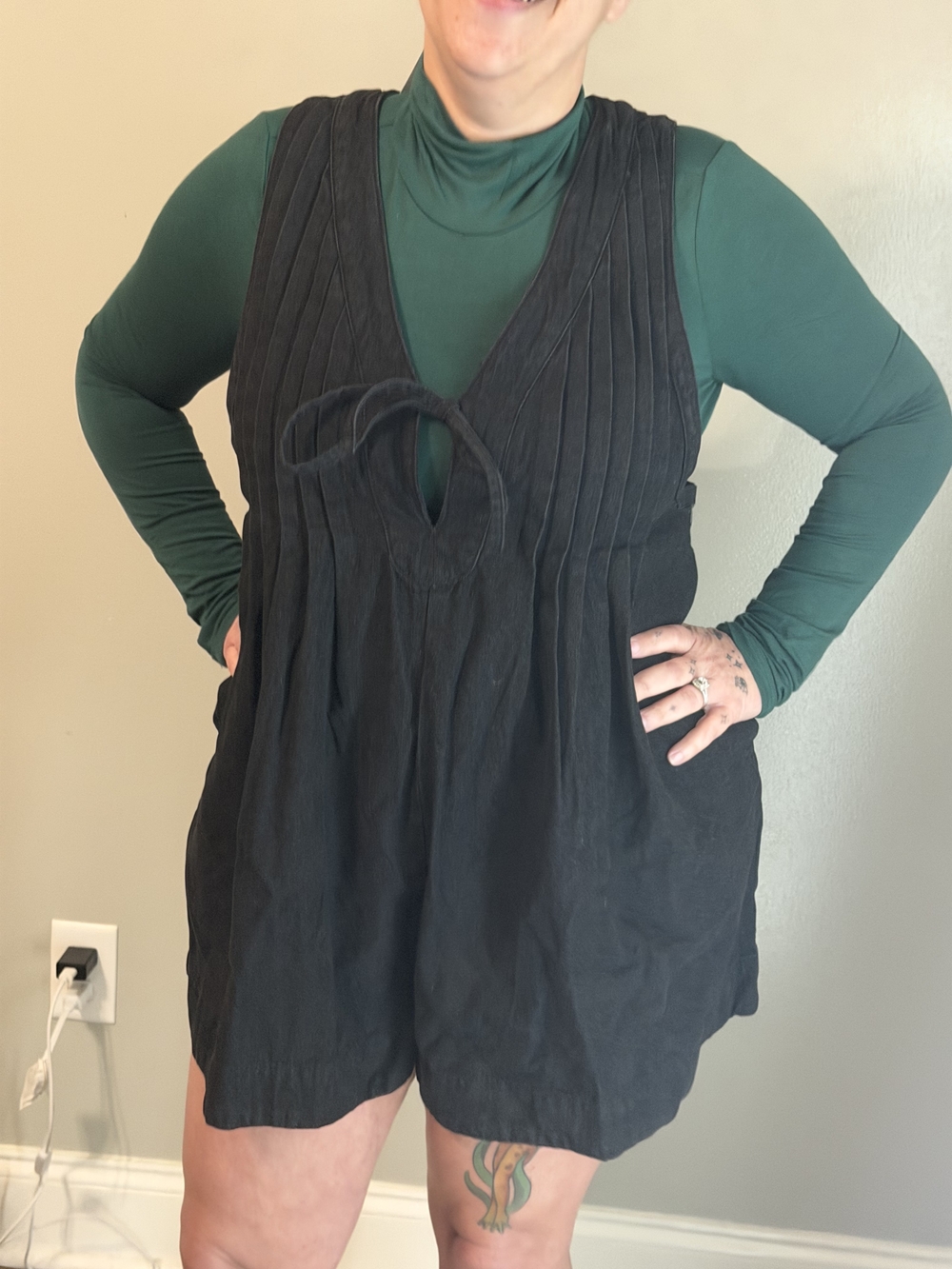 Black Sleeveless V-Neck Linen Blend Romper